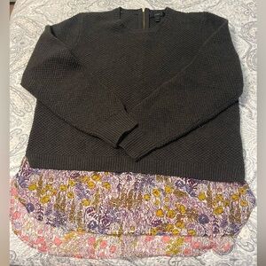 J. Crew Green Wool Knit Crew Neck Sweater with Floral Silk size XL